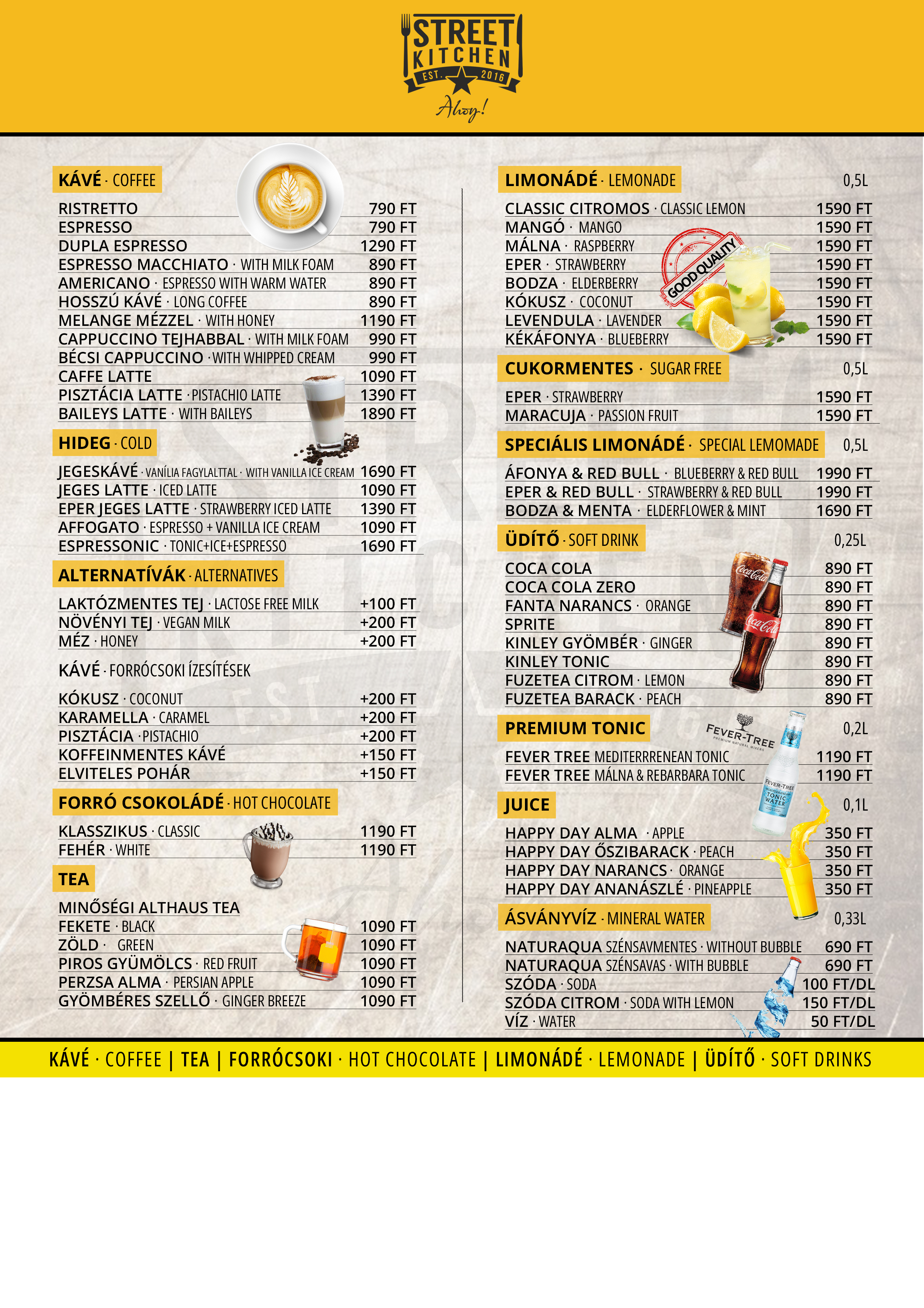 Kávé és üdítők étlap