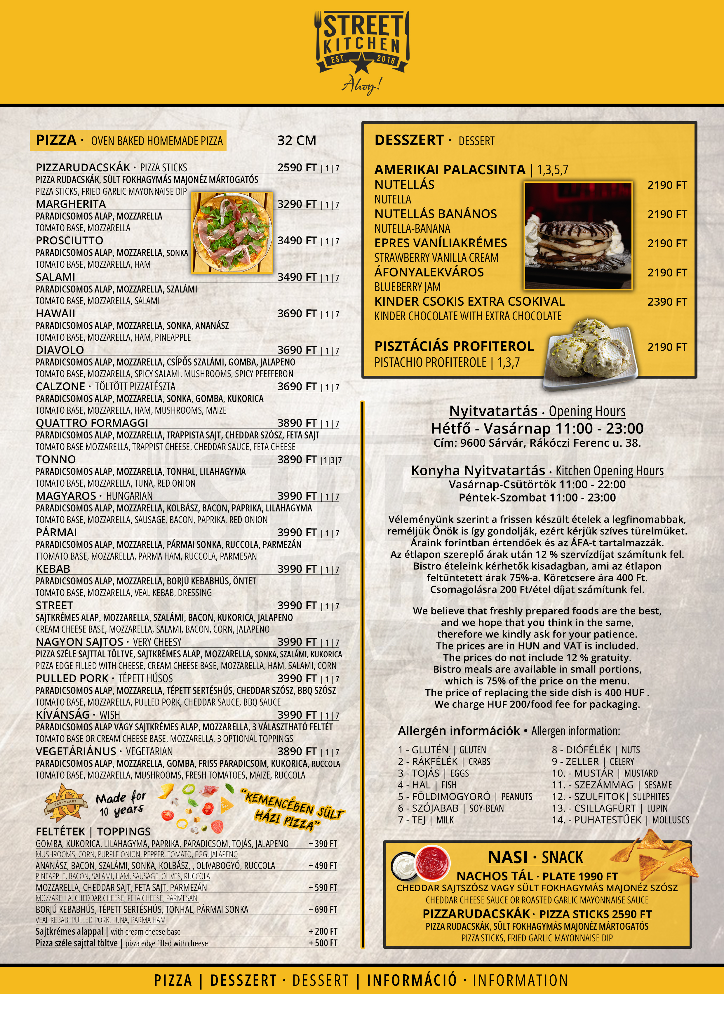 Pizza és desszert étlap